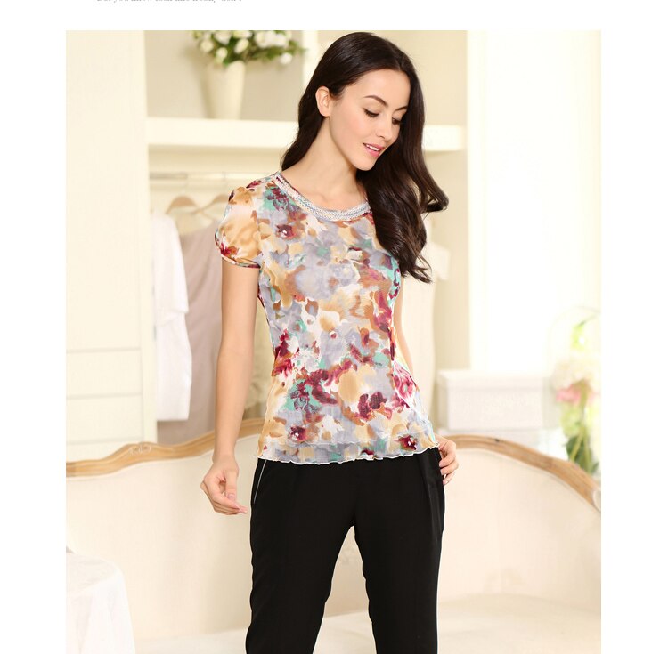 높은 품질의 100% 실크 여성 라운드 넥 짧은 소매 셔츠 높은 브랜드 디자이너 메쉬 실크 더블 거즈 blouses-b150